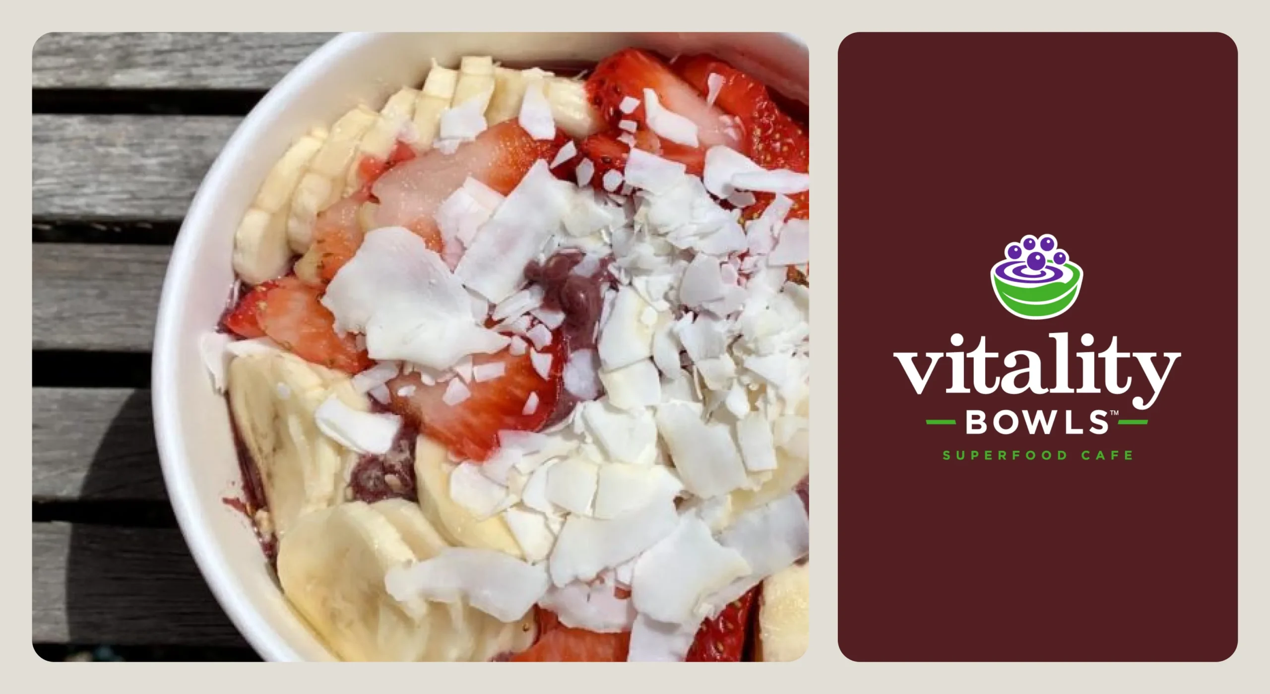 Image of superfood bowl closeup on left and Vitality Bowls logo on right